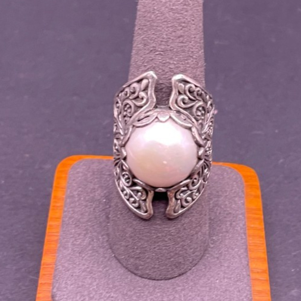 Sterling Silver 925 Mabe Pearl Wide Filigree Scroll Statement Ring Sz 8.75